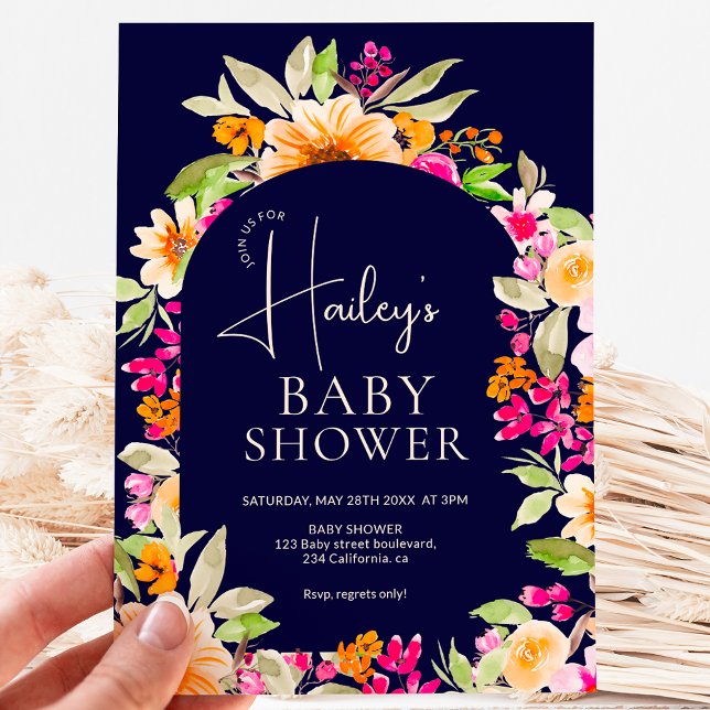 Orange Country Blumenwasser-Farbe Babydusche Einladung (Orange Country floral watercolor Baby shower Invitation on navy blue)