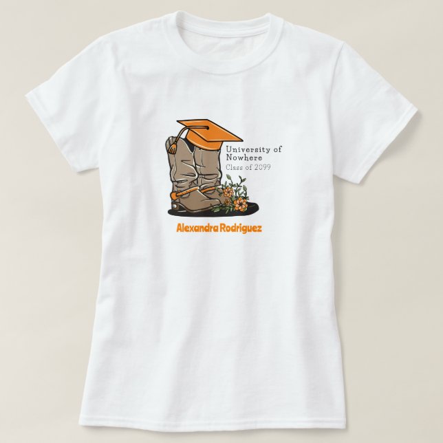 Orange Cowboy Boot Graduation Cap & Blume T-Shirt (Design vorne)