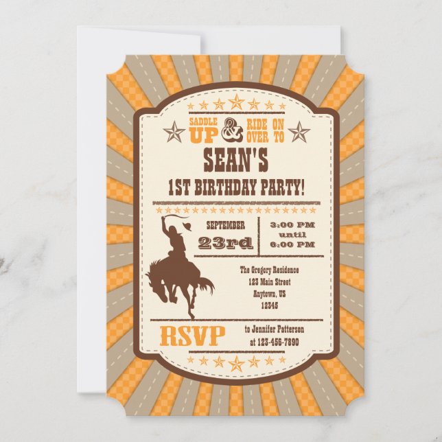 Orange Cowboy Rodeo Geburtstagsparty Einladung (Vorderseite)