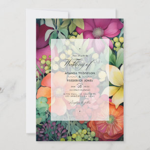 Orange-, Cranberry- und grüne Floral-Hochzeit Einladung