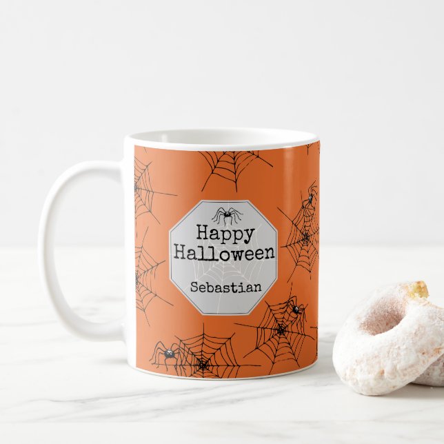 Orange Creepy Spiders and Webs Happy Halloween Kaffeetasse (Mit Donut)