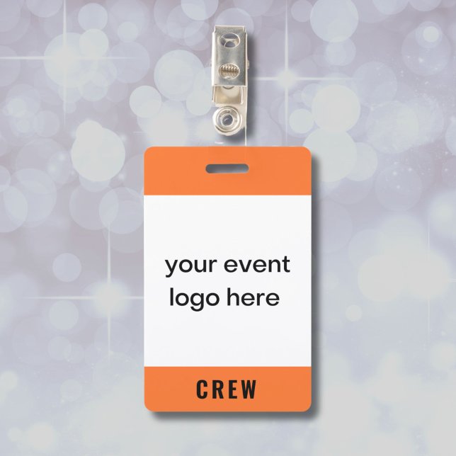 Orange Crew Staff Event Abzeichen Ausweis (Orange special event badge for crew with company logo.)