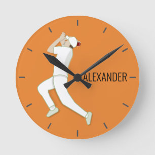 Orange Cricketer Bowling Runde Wanduhr