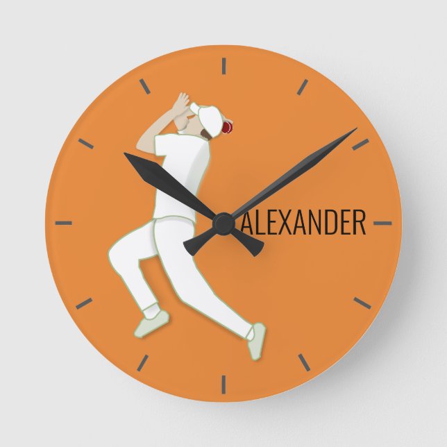 Orange Cricketer Bowling Runde Wanduhr (Vorderseite)