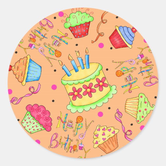 Orange Cupcakes und Cake Happy Birthday Runder Aufkleber (Vorderseite)