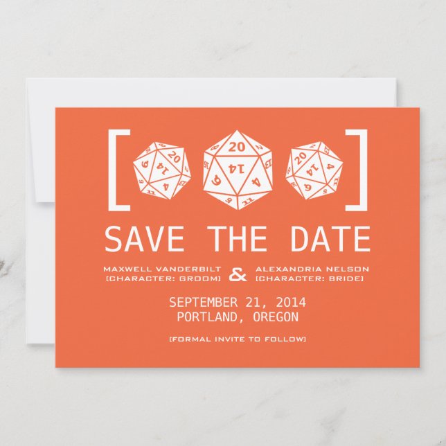 Orange D20 Dice Gamer Save the Date einladen (Vorderseite)