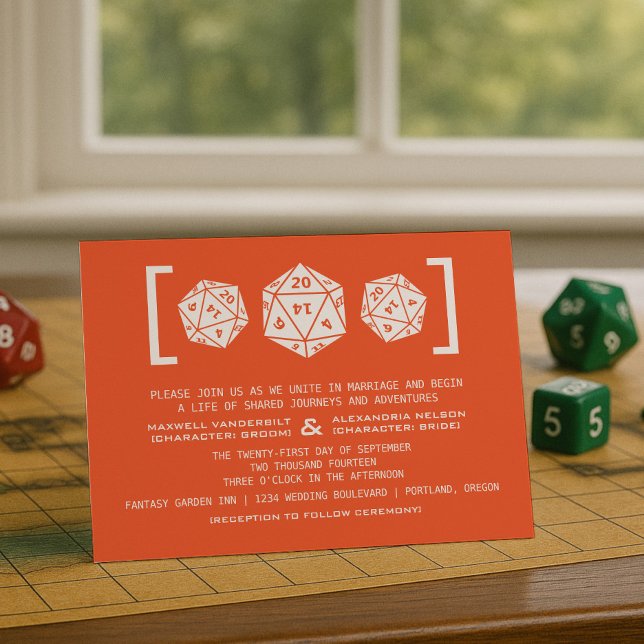 Orange D20 Dice Gamer Wedding Einladung (Orange D20 Dice Gamer Wedding Invitation)