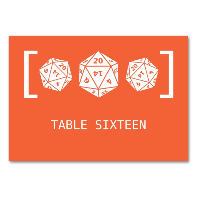 Orange D20 Dice Gamer Wedding Table Card Tischnummer (Vorderseite)