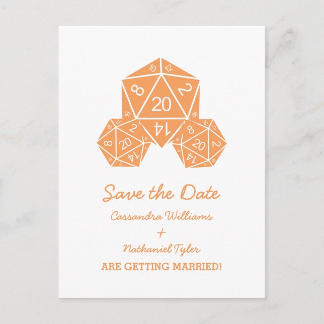 Orange D20 Dice Save the Date Postkarte (Vorderseite)
