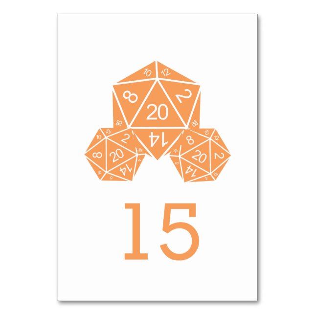 Orange D20 Dice Wedding Table Card Tischnummer (Vorderseite)