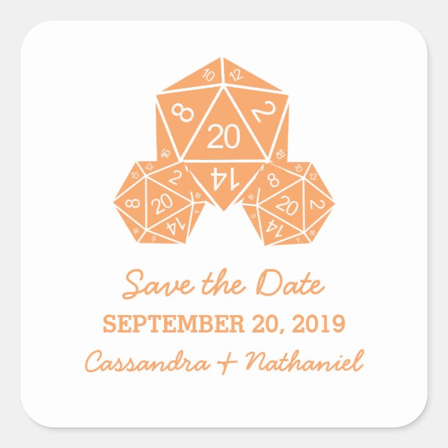 Orange D20-Würfel Save-the-Date-Aufkleber Quadratischer Aufkleber (Vorderseite)