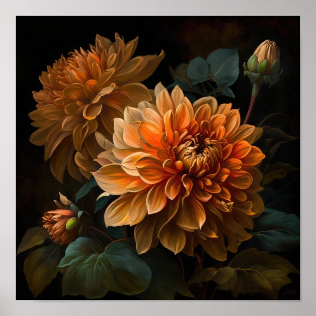 Orange Dahlias Blume Art Print Poster (Vorne)