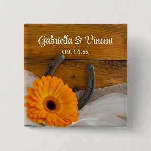 Orange Daisy and Horseshoe Country Western Wedding Button
