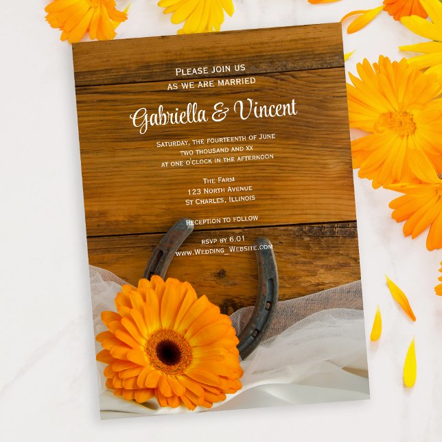 Orange Daisy and Horseshoe Country Western Wedding Einladung (Von Creator hochgeladen)