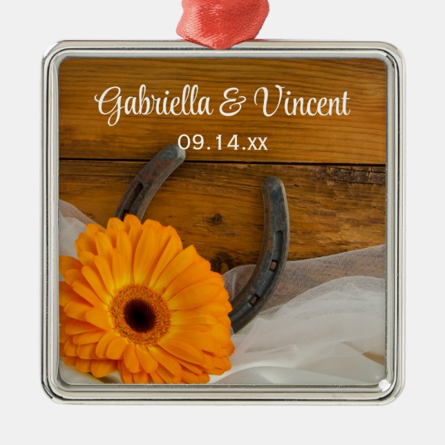 Orange Daisy and Horseshoe Country Western Wedding Silbernes Ornament (Vorne)