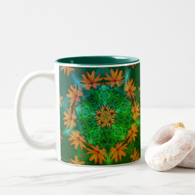 Orange Daisy Blume Art Kaleidoskop Zweifarbige Tasse (Mit Donut)