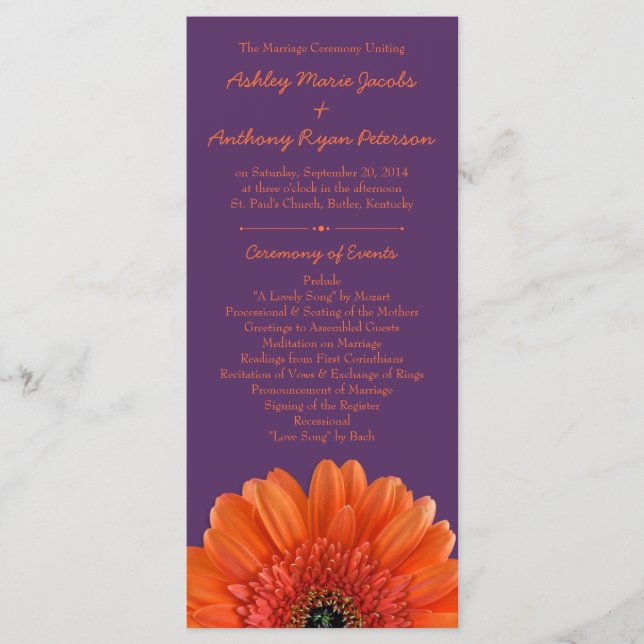 Orange Daisy Blume Lila Wedding Program Programm (Vorderseite)