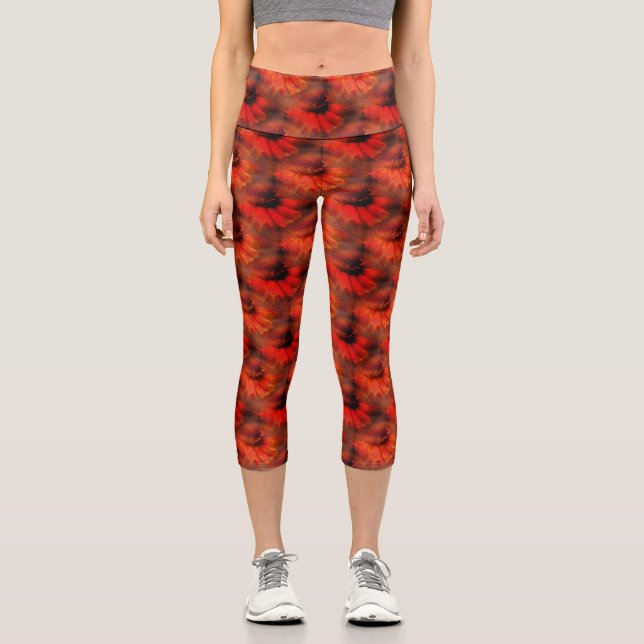 Orange Daisy Blume Natur Kunstmuster Capri Leggings (Vorderseite)