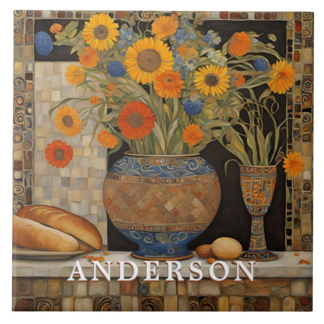 Orange Daisy Blume Vase Still Life Fliese (Vorderseite)