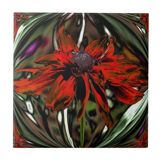 Orange Daisy Floral Abstrakt Art Tile Fliese (Vorderseite)