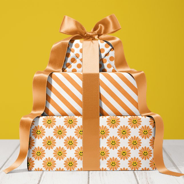 Orange Daisy Floral Stripes Polka Dot Geschenkpapier Set (Von Creator hochgeladen)