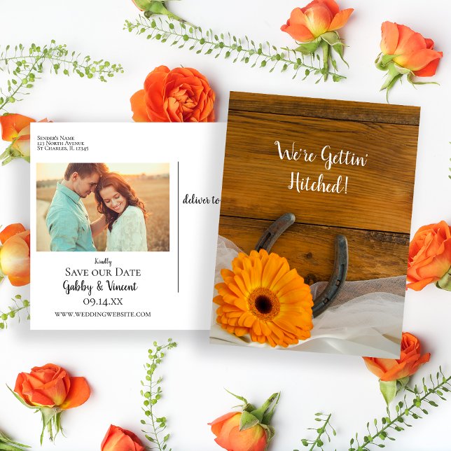 Orange Daisy Horseshoe Western Save the Date Ankündigungspostkarte (Von Creator hochgeladen)