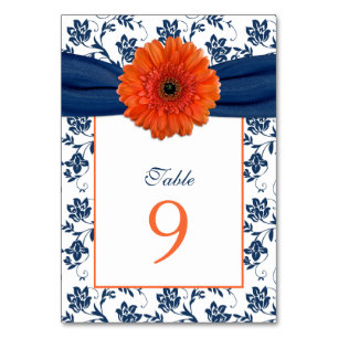 Orange Daisy Navy Blue Damask Ribbon Wedding Tischnummer