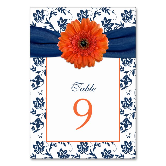 Orange Daisy Navy Blue Damask Ribbon Wedding Tischnummer (Vorderseite)