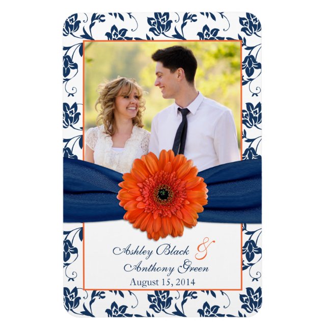 Orange Daisy Navy Blue Floral Wedding Foto Magnet (Vertikal)