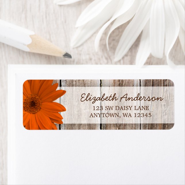 Orange Daisy Rustic Barn Wood Address Labels (Insitu)