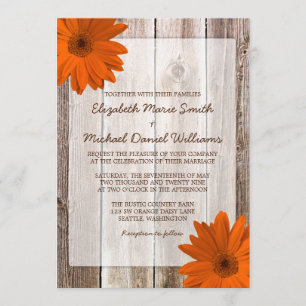 Orange Daisy Rustic Barn Wood Wedding Einladung