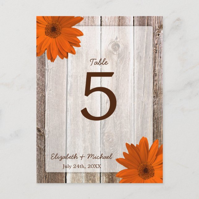 Orange Daisy Rustic Barn Wood Wedding Tischnummer (Vorderseite)
