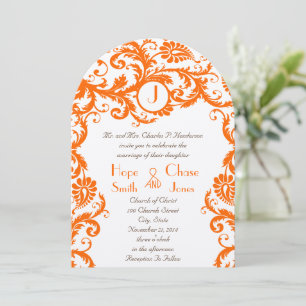 Orange Damask Coral Monogram Wedding Einladung