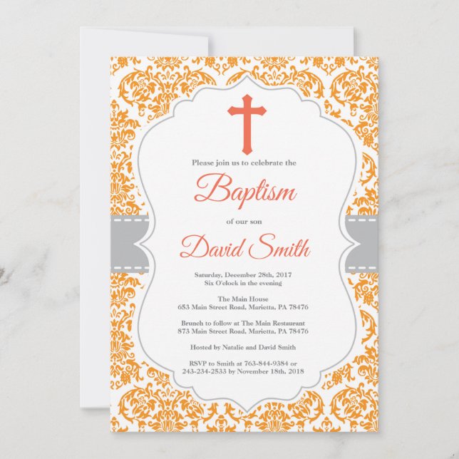 Orange Damask Cross Baptismus Einladung (Vorderseite)