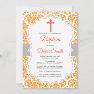 Orange Damask Cross-Taufe Einladung