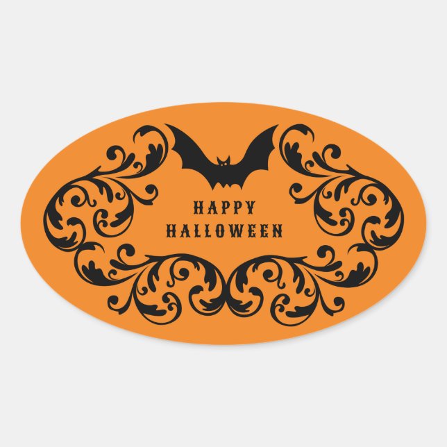 Orange Damask Glam Bats und Spider Happy Halloween Ovaler Aufkleber (Vorderseite)