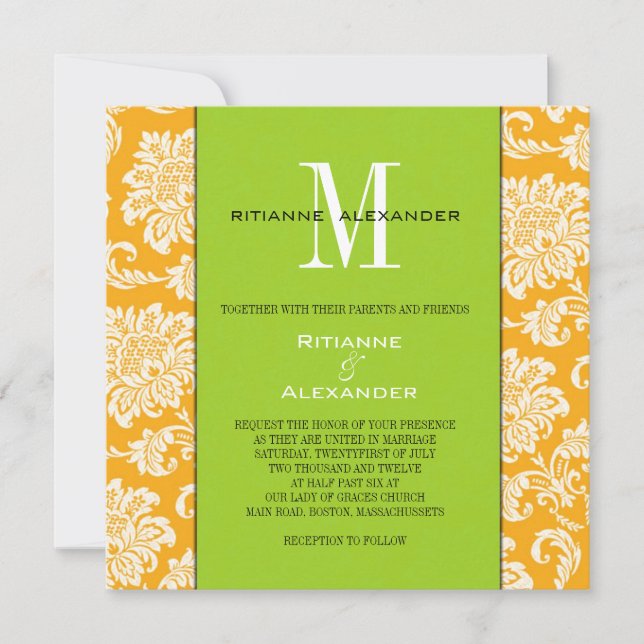 Orange Damask Green Monogram Wedding Einladung (Vorderseite)