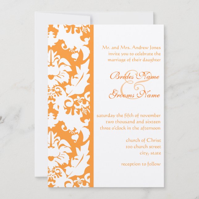 Orange Damask Hochzeitseinladungen Einladung (Vorderseite)