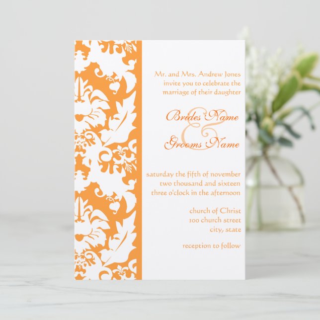 Orange Damask Hochzeitseinladungen Einladung (Stehend Vorderseite)