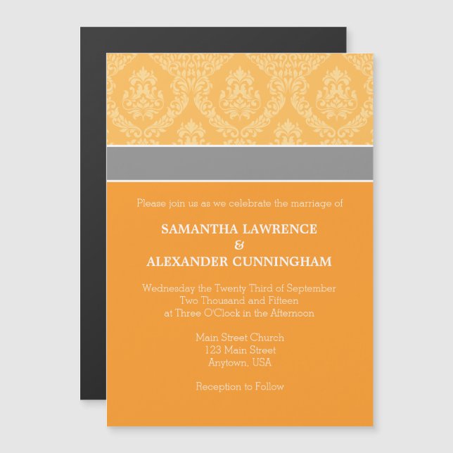 Orange Damask Magnetic Wedding Einladung (Vorne/Hinten)