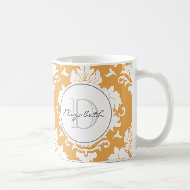 Orange Damask Mit Monogramm Tasse (Rechts)