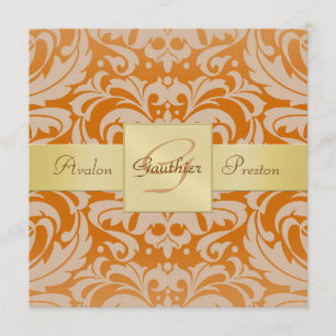 Orange Damask Monogram Gold Ribbon Einladung