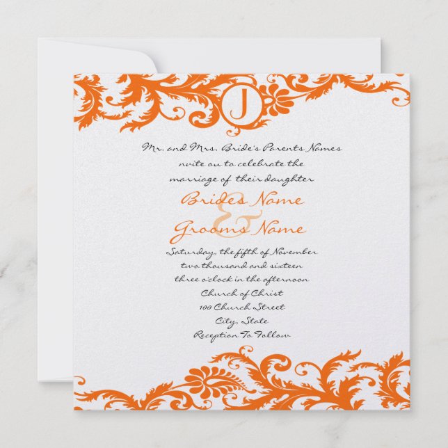 Orange Damask Monogram Wedding Einladung (Vorderseite)