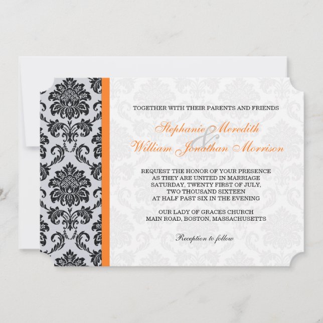 Orange Damask Monogram Wedding Einladung (Vorderseite)