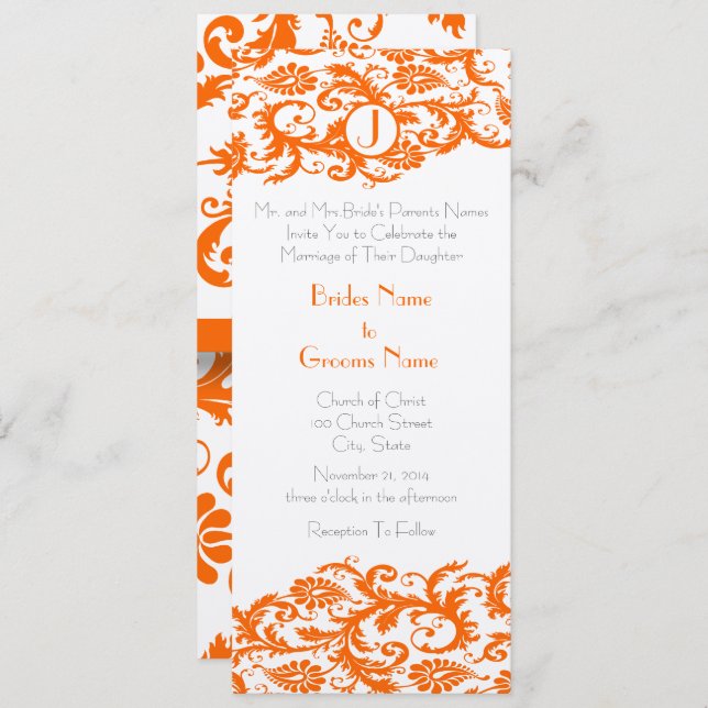 Orange Damask Monogram Wedding Einladung (Vorne/Hinten)