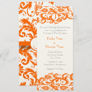 Orange Damask Monogram Wedding Einladung