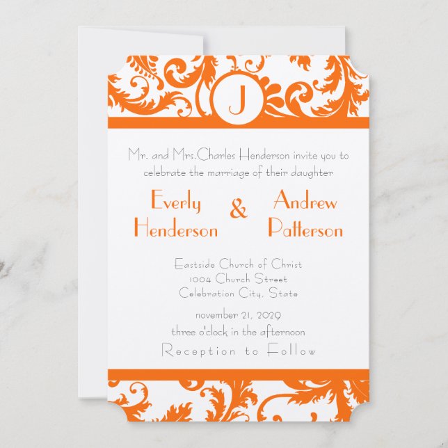 Orange Damask Monogram Wedding Einladung (Vorderseite)
