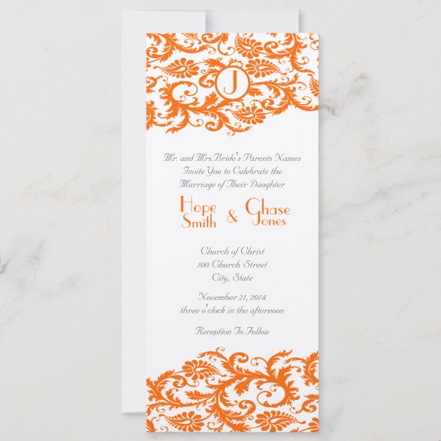 Orange Damask Monogram Wedding Einladung (Vorderseite)