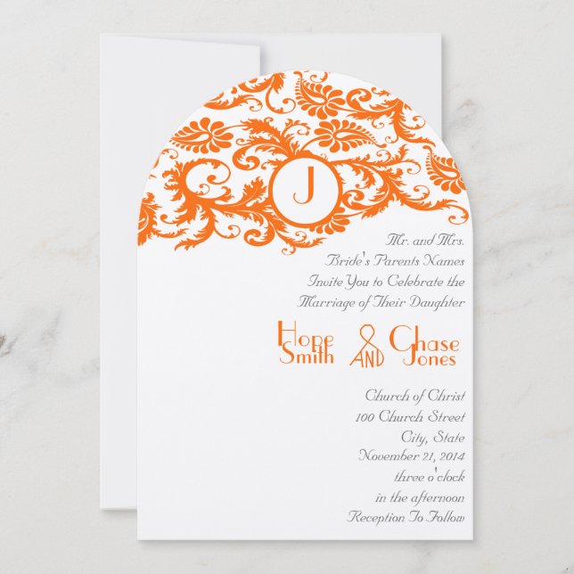 Orange Damask Monogram Wedding Einladung (Vorderseite)
