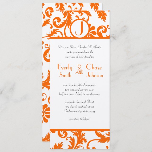 Orange Damask Monogram Wedding Einladung (Vorne/Hinten)